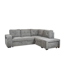 DIVANO LETTO CON PENISOLA A DESTRA BELLAHOME "GAIA" TESSUTO GRIGIO CON POUF E CONTENITORI, 254X83/194X88 CM